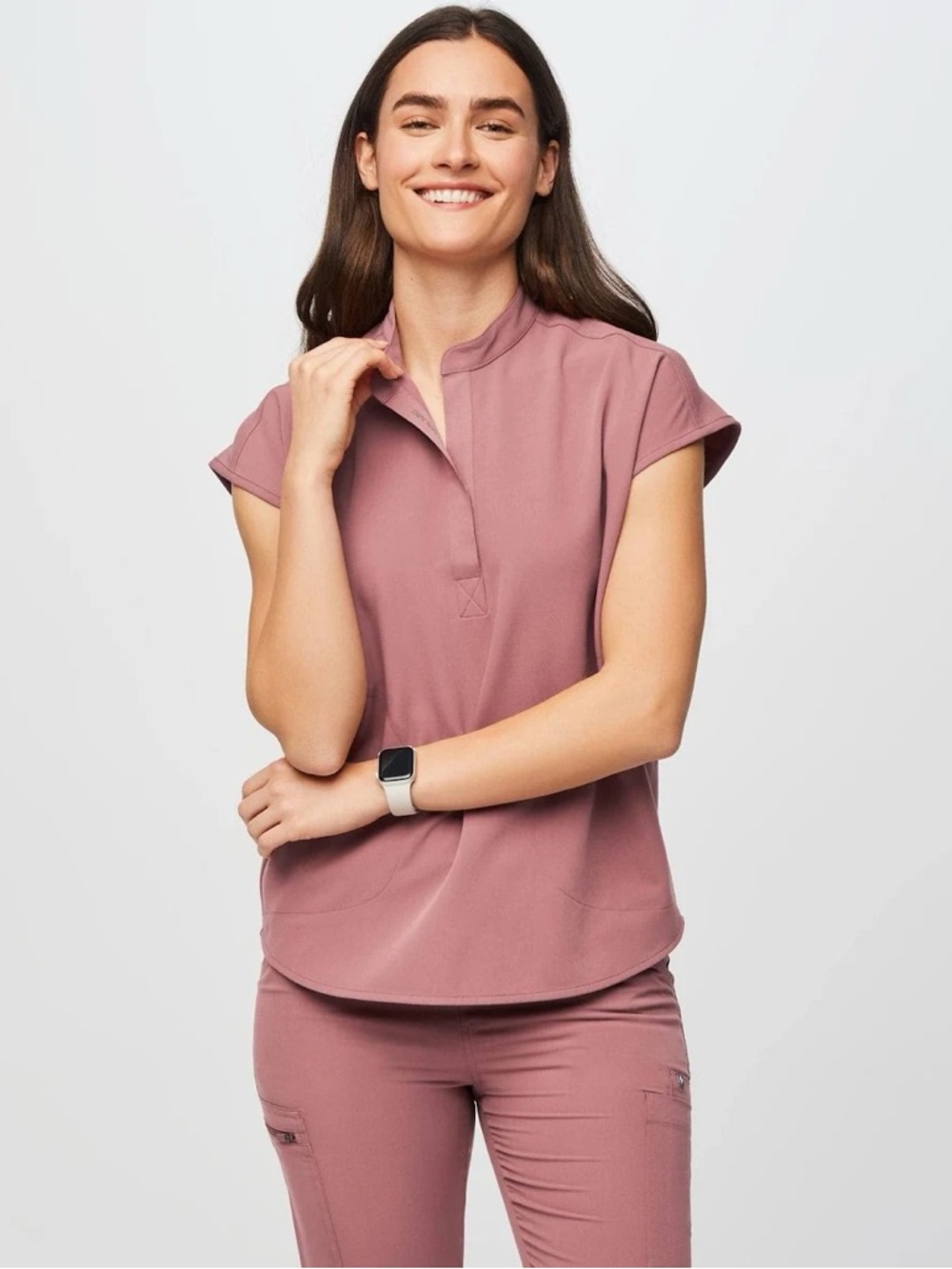 Figs Women's Mock-Neck Cap-Sleeve Top in Dusty Rose